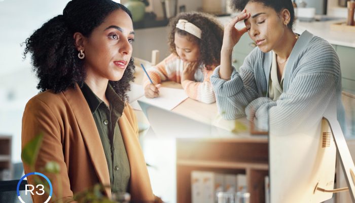 A woman is at work thinking of the struggles she is having at home.