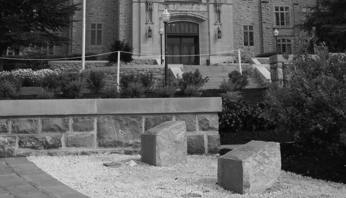 Two of the 32 stones placed
in front of Burruss Hall on the Virginia Tech Campus to honor the students who lost their lives.