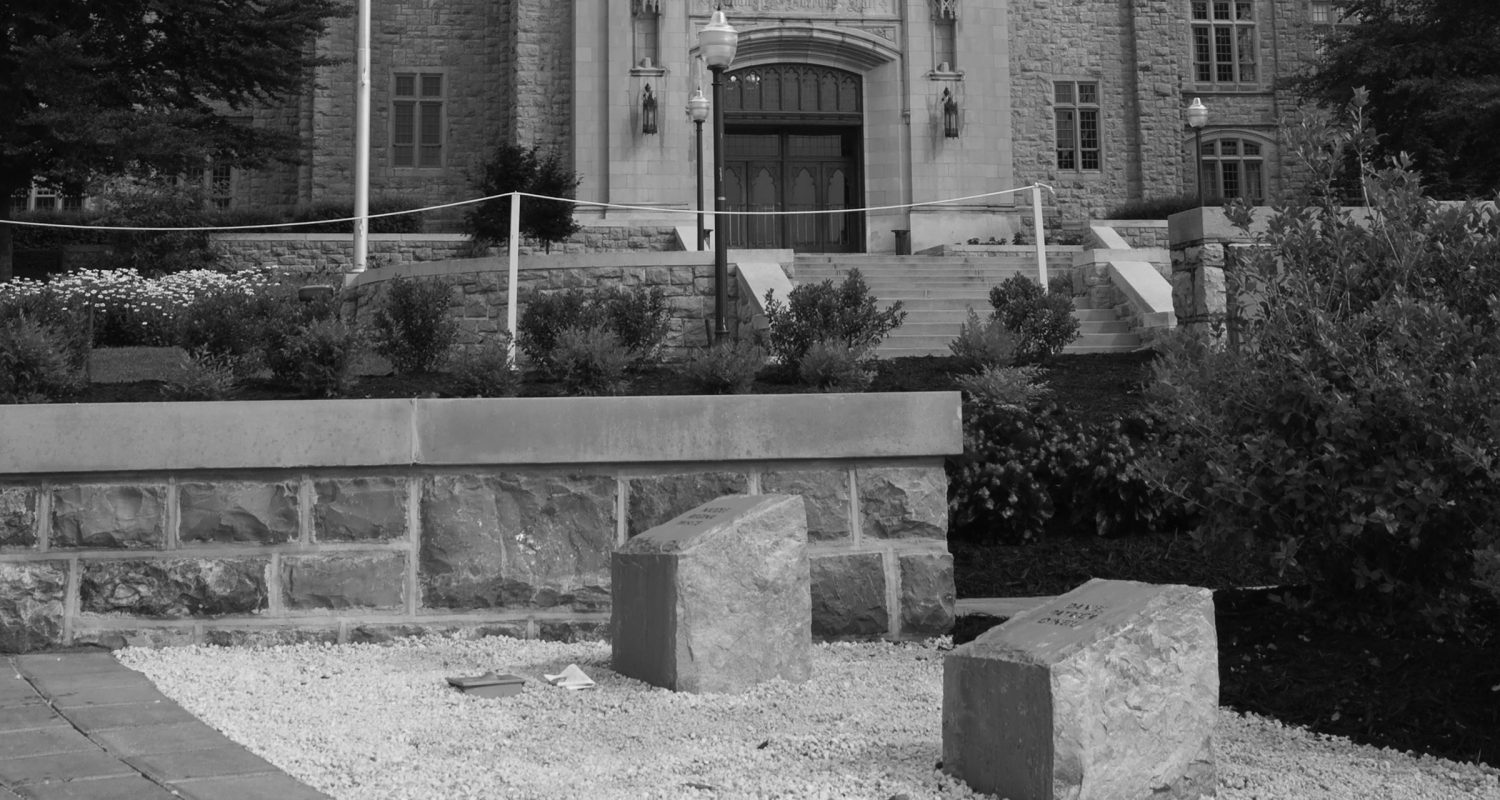 Two of the 32 stones placed
in front of Burruss Hall on the Virginia Tech Campus to honor the students who lost their lives.