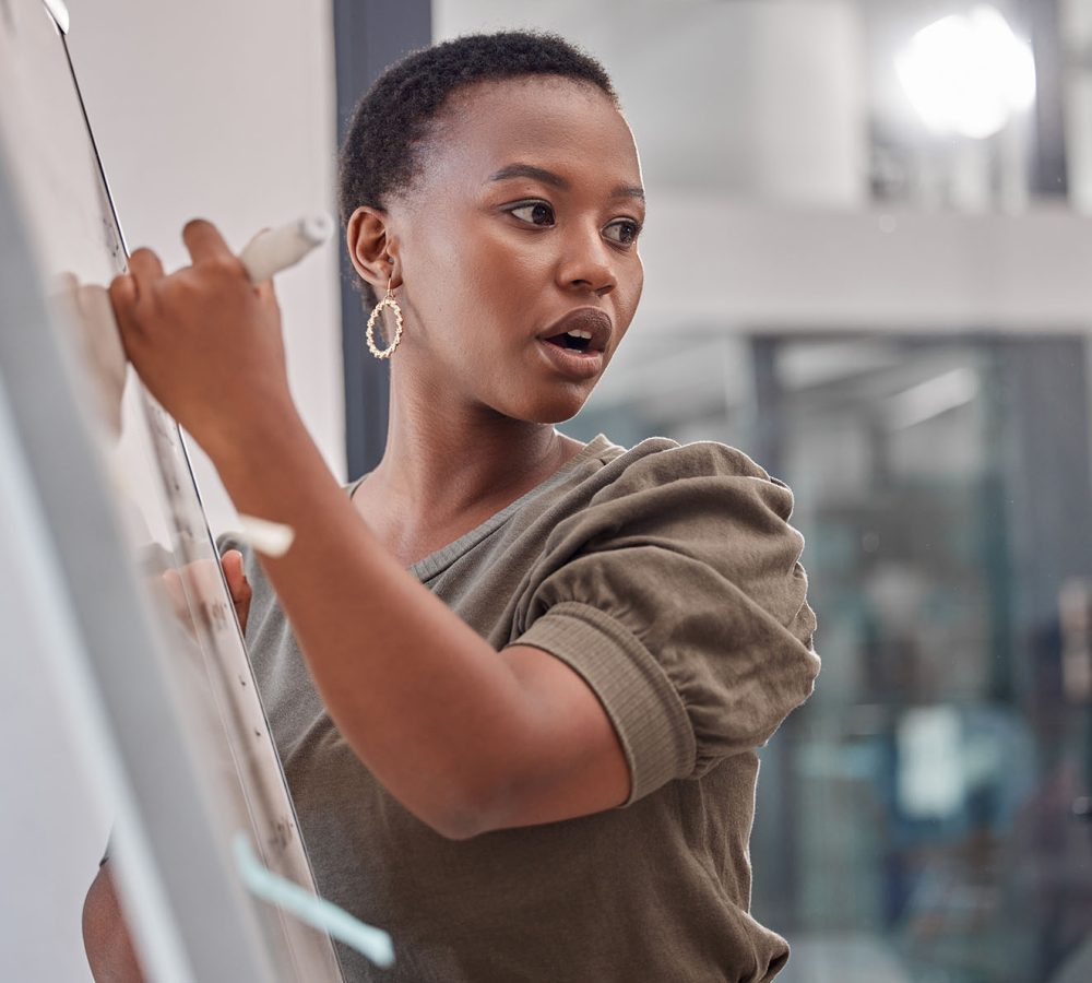 Shot of a young businesswoman writing on a board at the office Any more ideas?