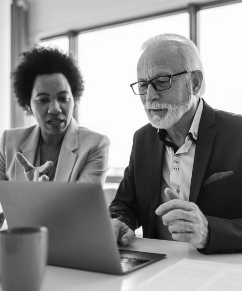 Female executive discussing with senior professional while working on laptop at desk in office