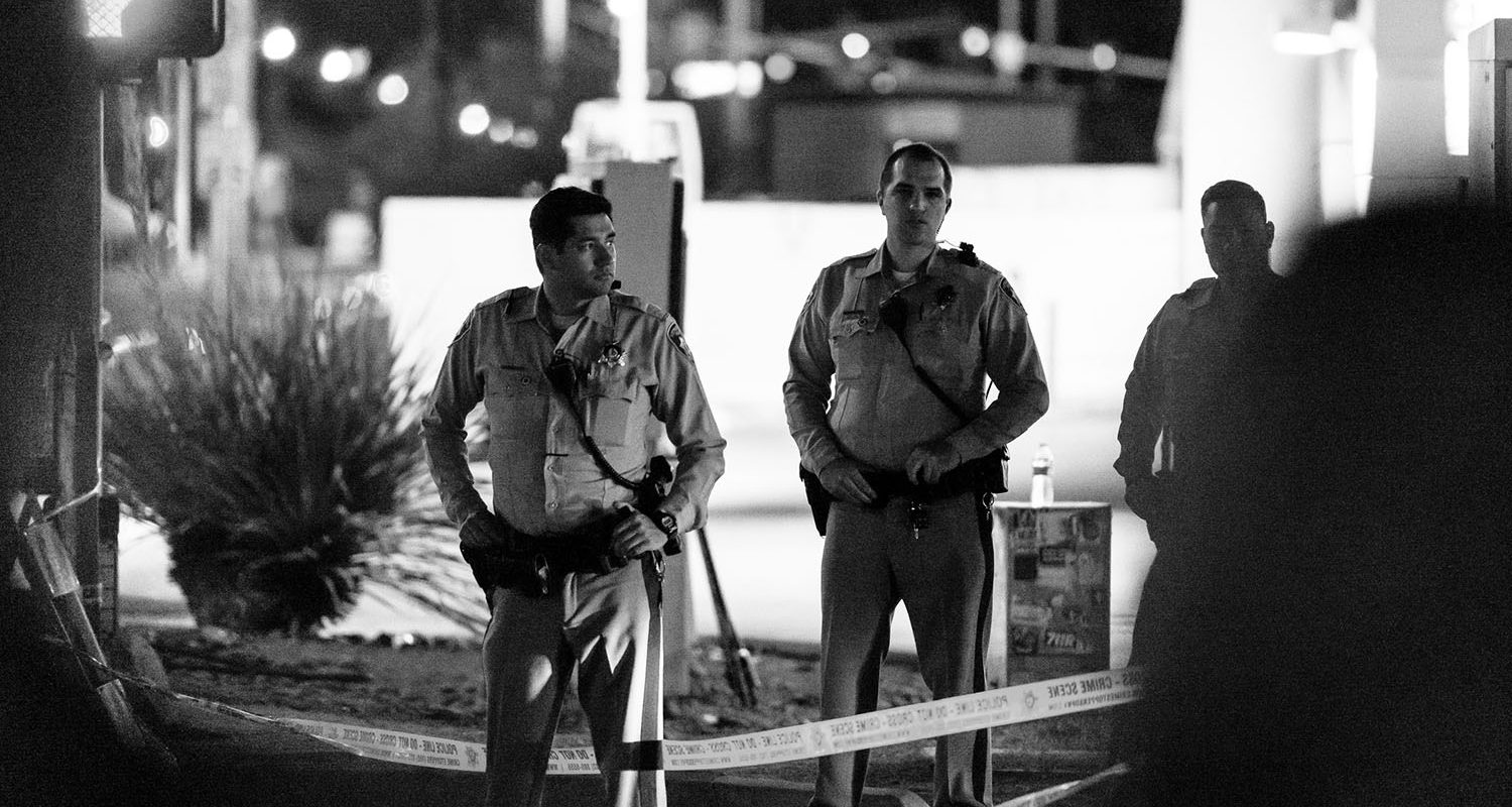 Police guard the location of the Route 91 Harvest Festival 48-hours after the mass shooting in the South 3900 block of the Las Vegas strip.