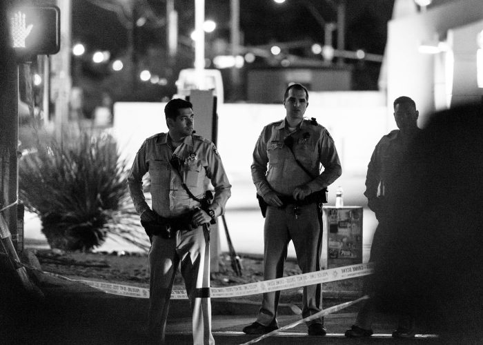 Police guard the location of the Route 91 Harvest Festival 48-hours after the mass shooting in the South 3900 block of the Las Vegas strip.