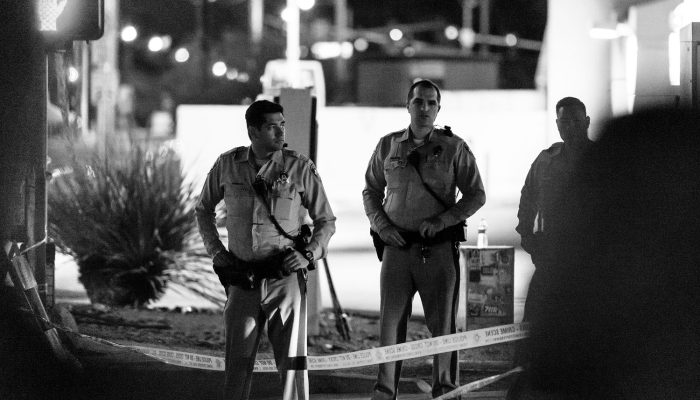 Police guard the location of the Route 91 Harvest Festival 48-hours after the mass shooting in the South 3900 block of the Las Vegas strip.